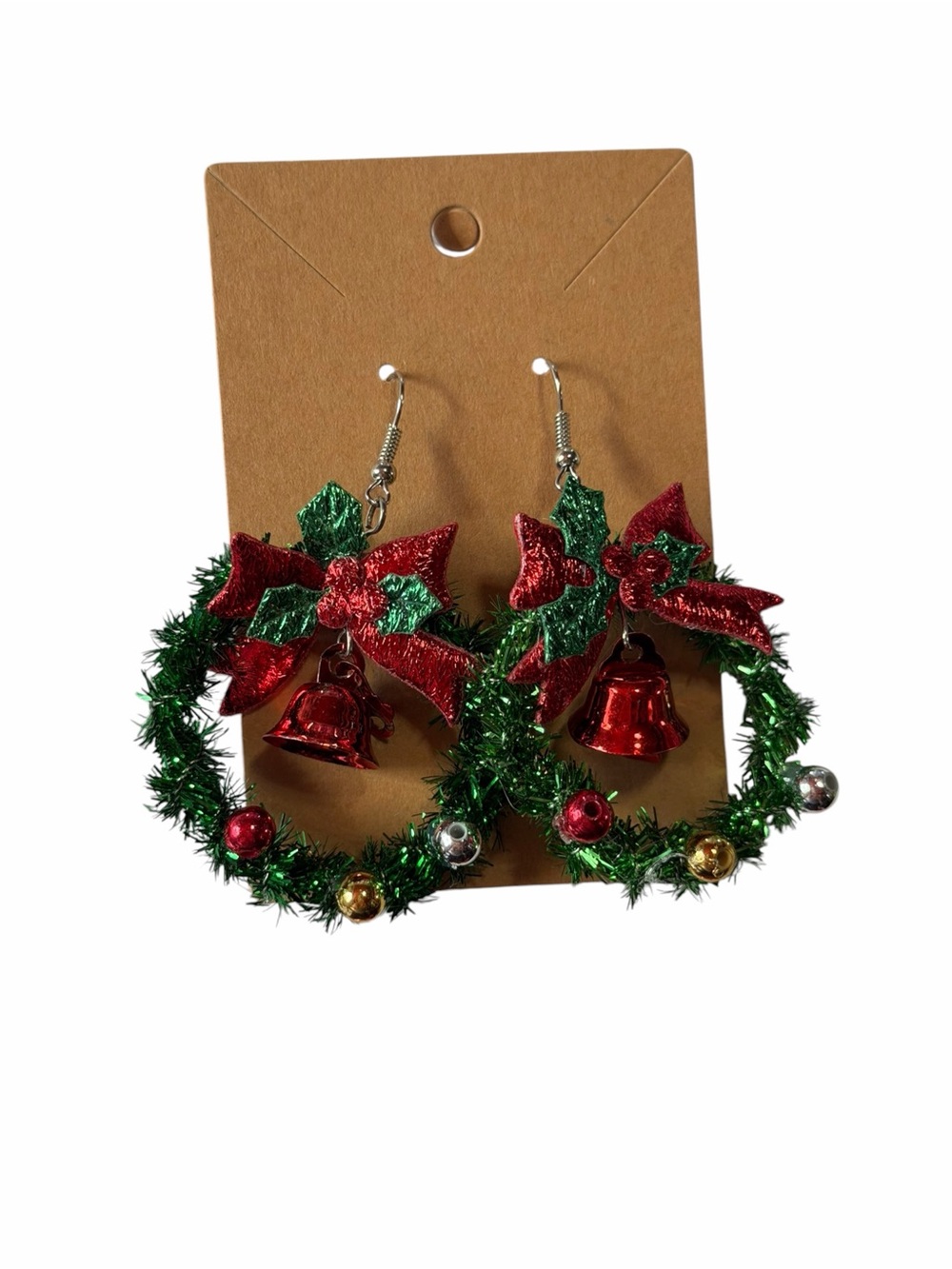 Festive Red & Green Bell Wreath Earrings - Holiday Statement Jewelry